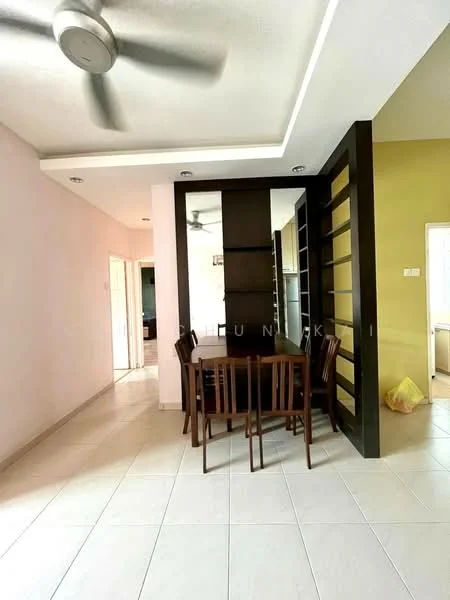 Dining features: 4-seater wooden dining table, wooden dining chairs, light-coloured tiled flooring, pink painted walls, dark wood feature wall with shelving, ceiling fan, recessed ceiling lights, open layout to adjacent rooms; style: modern. Room features: light-coloured tiled flooring, pink painted walls, ceiling fan, open layout to adjacent rooms.