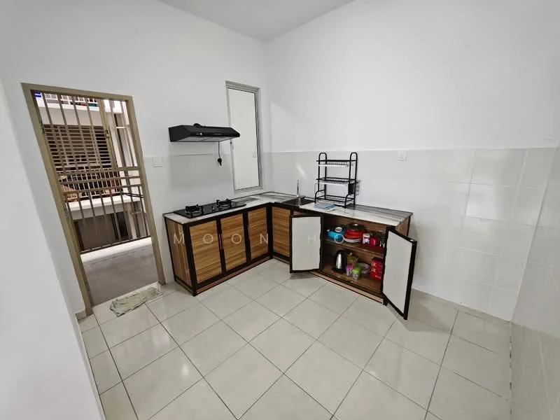 Kitchen features: L-shaped kitchen layout, wooden cabinetry with open shelving, white tiled backsplash, stainless-steel gas hob, stainless-steel range hood, white ceramic tile flooring, window for natural light, countertop space, open storage with visible containers; style: modern.