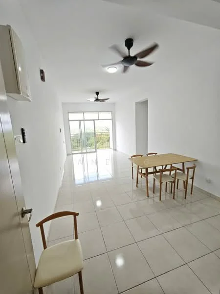 Dining features: white painted walls, glossy ceramic tile flooring, 5-blade ceiling fan with light, 2-seater dining table, 4 wooden dining chairs, floor-to-ceiling windows, sliding glass door, natural light, air conditioning unit on wall; style: modern; view: garden.