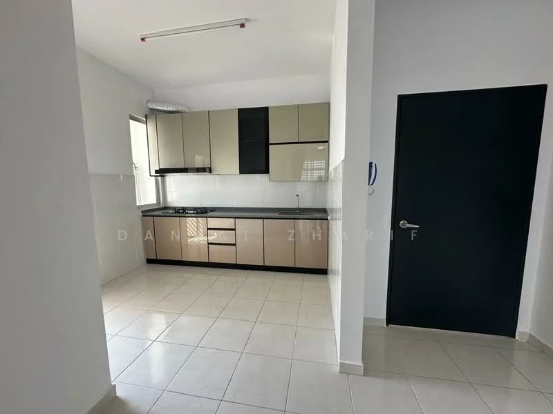 Kitchen features: L-shaped kitchen layout, black and beige cabinetry, stainless-steel sink, chrome pull-down faucet, built-in stove, exhaust hood, black countertop, white tiled backsplash, ceramic tile flooring, window for natural light, recessed ceiling lights; style: modern.