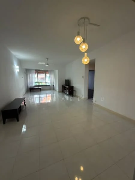 Living features: white painted walls, glossy ceramic tile flooring, recessed downlights, 3-blade ceiling fan, pendant light with three globes, large window with sheer curtains, black TV console, open layout, natural light from window; style: modern.