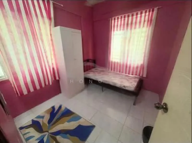 Bedroom features: pink painted walls, white ceiling, single bed with mattress, built-in wardrobe, striped curtains, tile flooring, area rug with abstract pattern, window with natural light.