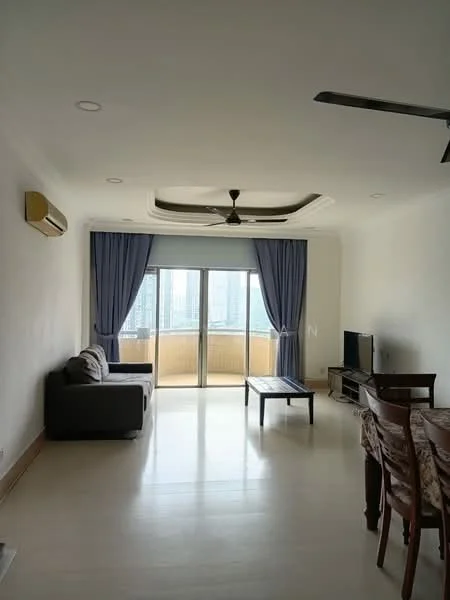 Living features: 3-seater fabric sofa in grey, wooden coffee table, TV console, wall-mounted TV, 5-blade ceiling fan with light, floor-to-ceiling windows, curtains in blue, cream painted walls, light-colored flooring, recessed ceiling with decorative trim; style: modern; view: city.
