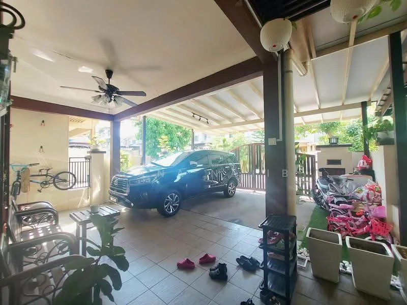 Exterior type: car porch; features: covered car porch, flat roof, ceiling fan, tiled flooring, manicured plants, decorative lanterns, fenced area, bicycle storage, outdoor seating, open space for parking; style: modern.