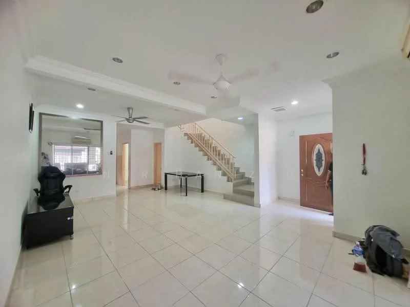 Living features: white painted walls, glossy ceramic tile flooring, ceiling fan, recessed downlights, large window with sheer curtains, black leather office chair, black TV console, dining table, staircase leading to upper floor, main entrance door with decorative glass, door frame with wood finish; style: modern.