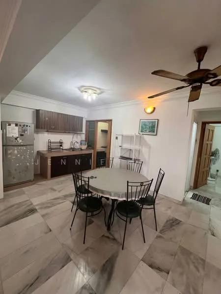 Dining features: round dining table, 6 dining chairs, ceiling fan with light, marble tile flooring, white painted walls, recessed ceiling lights, wall-mounted shelving unit, framed artwork, doorway to kitchen, doorway to hallway; style: modern. Kitchen features: stainless-steel fridge, built-in kitchen cabinets, double-basin sink, chrome pull-down faucet, countertop with backsplash, kitchen appliances visible, tile flooring, wall-mounted lights; style: modern.