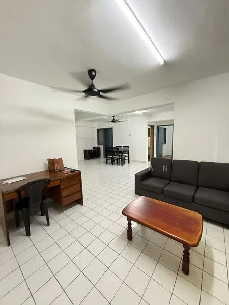 Living features: grey fabric sofa, wood coffee table, wood desk, black plastic chair, white painted walls, white tiled flooring, ceiling fan, recessed lighting; style: modern. Dining features: 4-seater dining table, black dining chairs; style: modern.