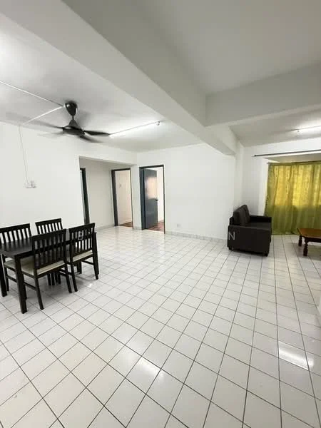 Living features: white painted walls, white tiled flooring, 5-blade ceiling fan, sofa in brown, coffee table, dining table with 6 chairs, curtains in green, doorway to other rooms.