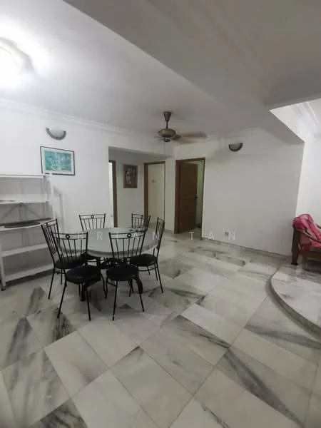 Dining features: marble flooring, white painted walls, 5-blade ceiling fan, dining table with 6 black metal chairs, wall-mounted light fixtures, open shelving unit, doorway leading to another room, decorative artwork on wall; style: modern. Room features: white painted walls, marble flooring, doorway leading to hallway, wall-mounted light fixtures.