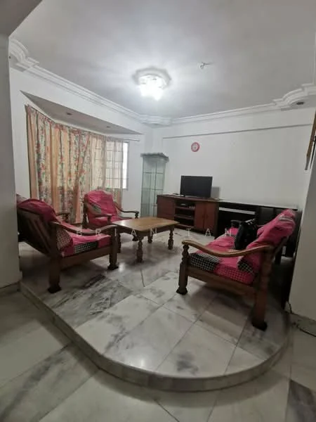 Living features: marble flooring, white painted walls, crown moulding, large windows with sheer curtains, wooden coffee table, 2 wooden armchairs with pink cushions, TV console, wall-mounted TV, decorative glass cabinet, ceiling light fixture; style: traditional.