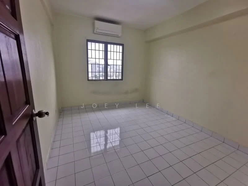 Room features: white painted walls, glossy white tile flooring, 1 wall-mounted split AC, single window with grille, neutral ceiling, no visible furniture or decor; style: minimalist; view: city.