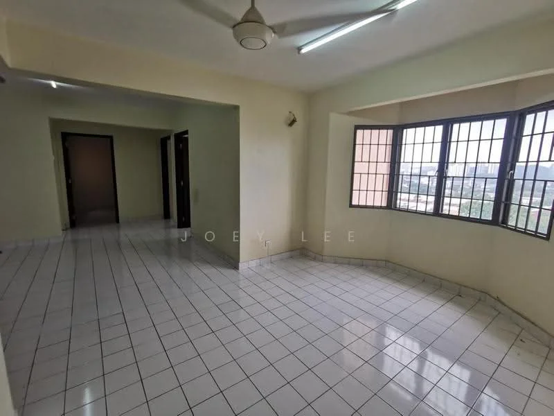 Room features: white painted walls, ceramic tile flooring, ceiling fan, large windows, corner windows, neutral color scheme, open layout, natural light; view: city.