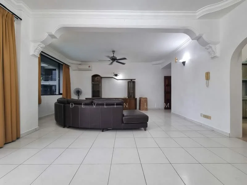 Living features: white painted walls, ceramic tile flooring, 5-blade ceiling fan with light, large windows with sheer curtains, brown leather sectional sofa, wooden TV cabinet, wall-mounted intercom, decorative wall sconces, neutral-colored curtains, open layout, arched ceiling detail; style: modern.