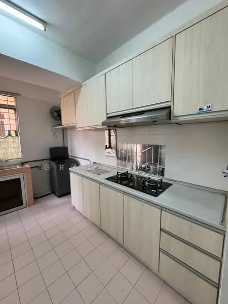 Kitchen features: light wood cabinetry, stainless-steel sink, chrome faucet, double-burner gas hob, built-in oven, black refrigerator, white tiled backsplash, white tiled flooring, window with sheer curtains, exhaust fan, countertop with integrated storage; style: modern.