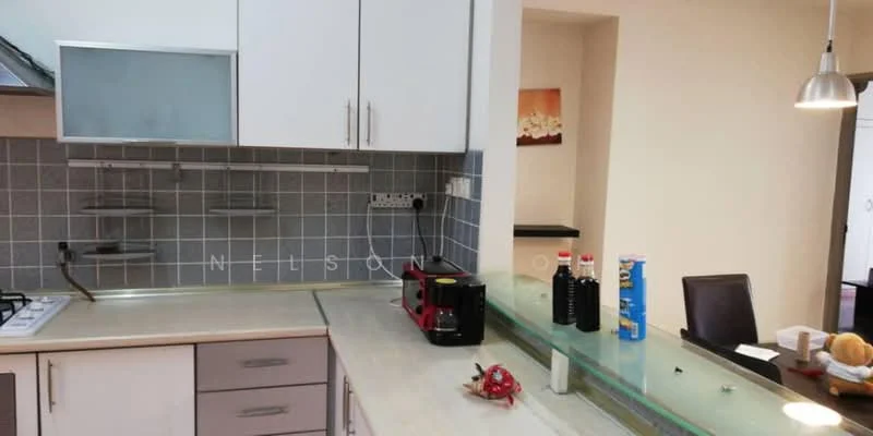 Kitchen features: white cabinetry, grey tiled backsplash, marble countertop, stainless-steel gas hob, built-in oven, red countertop appliance, black countertop appliance, open shelving, recessed lighting, bar seating area; style: modern.