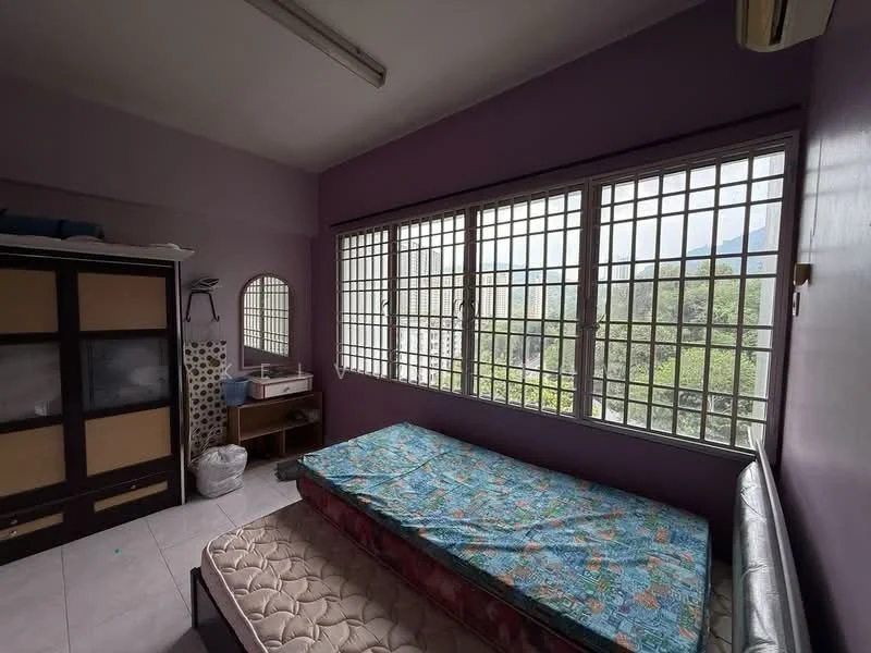 Bedroom features: purple painted walls, tile flooring, large windows with grid pattern, mountain view, built-in wardrobe with sliding doors, mirror on wall, unmade bed with mattress, bed frame, air conditioning unit; view: mountain.