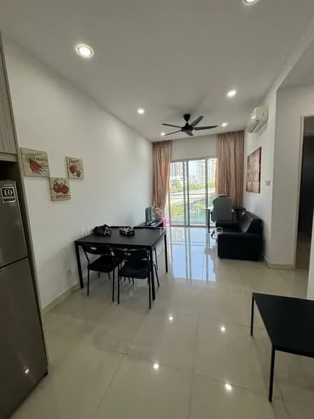 Living features: white painted walls, glossy tile flooring, 5-blade ceiling fan with light, floor-to-ceiling sliding glass door, sheer curtains, black leather sofa, dining table with 4 chairs, TV console, wall-mounted TV, decorative wall art; style: modern; view: city.