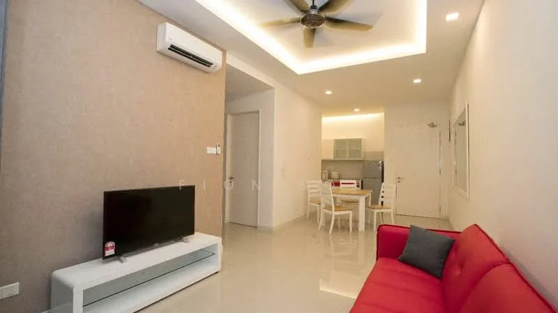 Living features: red fabric sofa, white TV console, wall-mounted TV, 5-blade ceiling fan with light, recessed LED downlights, cream painted walls, glossy tile flooring, open-plan layout to dining area, air conditioning unit; style: modern.