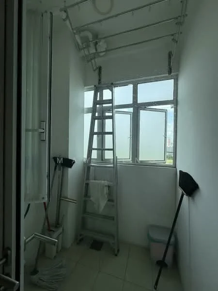 Laundry features: white painted walls, tile flooring, window with city view, metal ladder, clothes drying rack, mop, bucket, cleaning tools, small trash bin; view: city.
