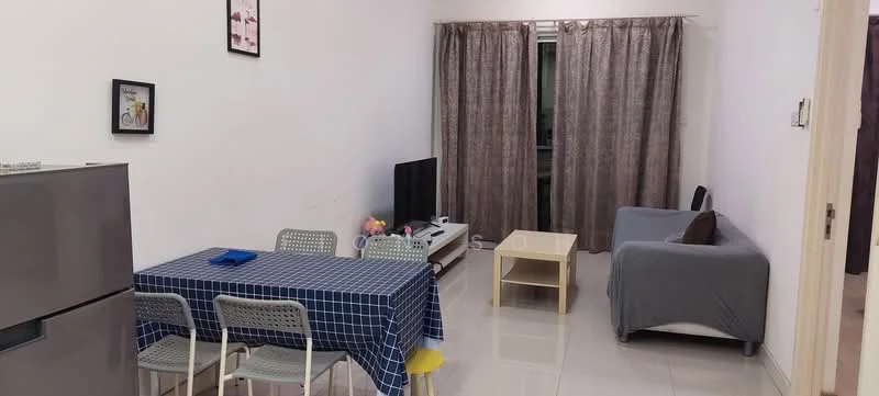 Living features: white painted walls, glossy tile flooring, floor-to-ceiling windows, grey fabric sofa, coffee table, TV console, wall-mounted TV, curtains, 6-seater dining table with blue checkered tablecloth, 4 dining chairs, refrigerator; style: modern.