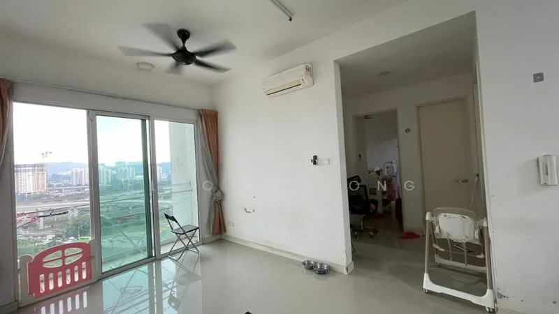 Living features: floor-to-ceiling windows, sliding glass door, white painted walls, polished tile flooring, 5-blade ceiling fan, wall-mounted split AC, curtains, balcony view of city skyline, decorative wall clock, chair, pet bowl; style: modern; view: city. Room features: white painted walls, doorway to adjacent room.