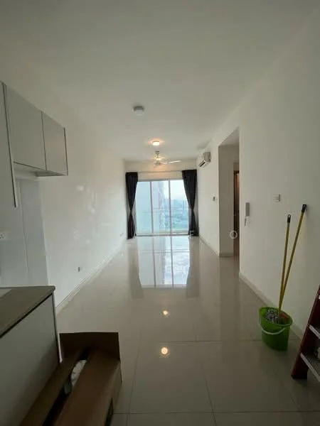 Living features: white painted walls, glossy tile flooring, 5-blade ceiling fan with light, floor-to-ceiling windows, blackout curtains, air conditioning unit, recessed downlights, open layout, sliding glass door, view of city skyline; style: modern; view: city. Kitchen features: white cabinetry, stainless-steel sink, countertop with storage, built-in appliances, open to living area; style: modern.