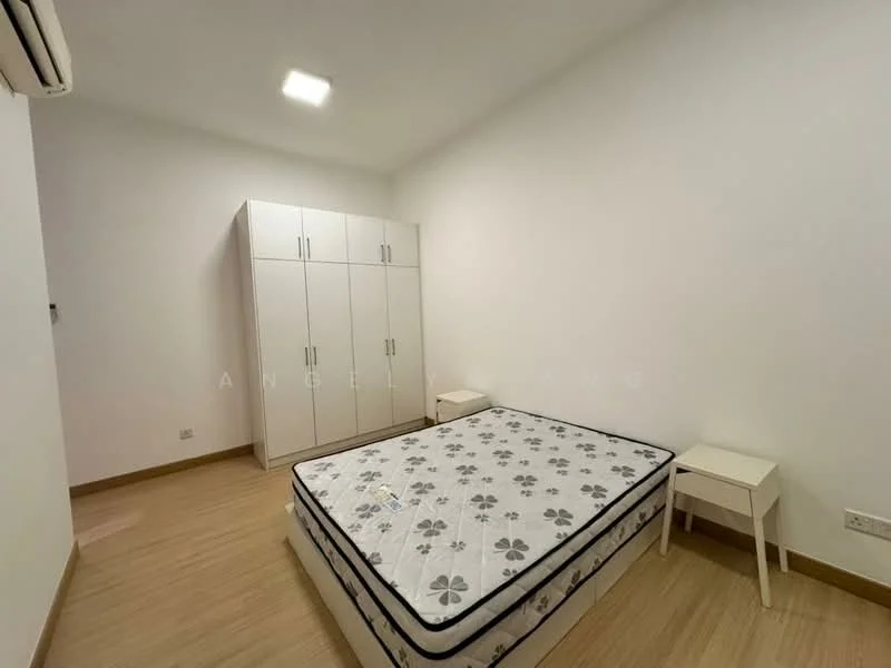 Bedroom features: queen-size bed with floral-patterned mattress, white built-in wardrobe with sliding doors, two white bedside tables, light wood flooring, white painted walls, ceiling light fixture, wall-mounted air conditioning unit; style: modern.