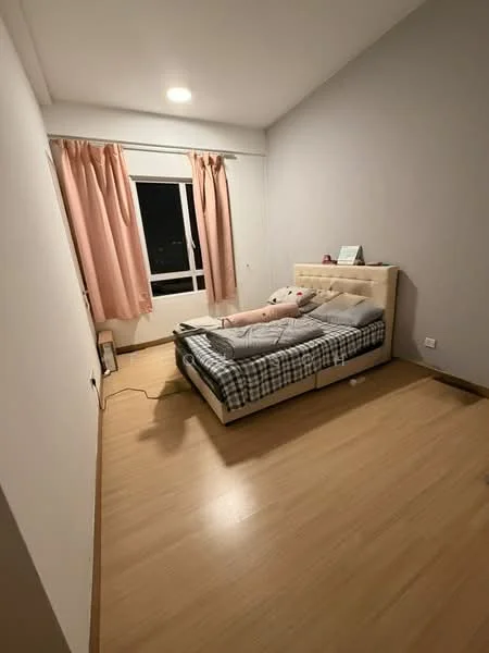 Bedroom features: light wood laminate flooring, grey painted walls, floor-to-ceiling window, pink curtains, double bed with storage underneath, plaid bedspread, decorative pillows, nightstand, wall-mounted shelf, ceiling light fixture; style: modern; view: city.