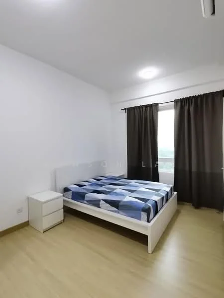 Bedroom features: queen-size bed with blue geometric patterned bedding, white bed frame, nightstand with drawer, floor-to-ceiling window, dark brown curtains, light wood flooring, recessed ceiling lights, plain white walls; style: modern; view: city.