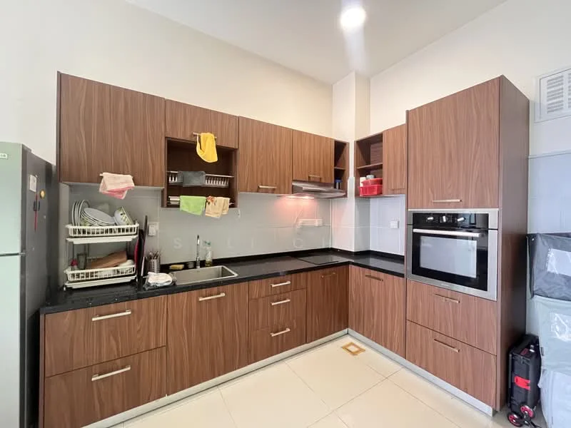 Kitchen features: brown wooden cabinetry, black granite countertop, single-bowl stainless-steel sink, chrome pull-down faucet, built-in oven, stainless-steel fridge, ceramic tile flooring, wall-mounted range hood, open shelving, dish rack, kitchen utensils, light fixture, white tiled backsplash; style: modern.
