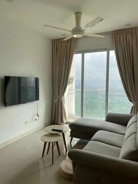 Living features: 3-seater fabric sofa in grey, round coffee table with wooden legs, wall-mounted TV, floor-to-ceiling windows, sheer curtains, ceiling fan, polished tile flooring, neutral painted walls; style: modern; view: city.