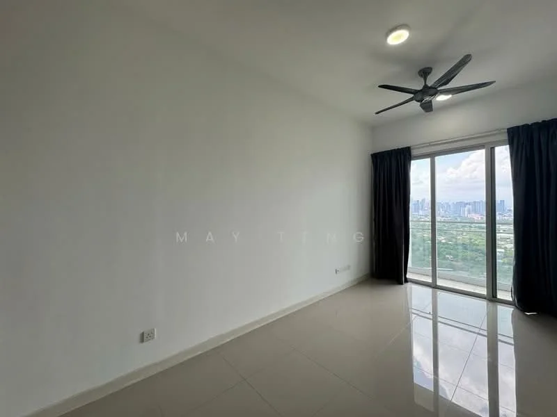 Room features: white painted walls, glossy tile flooring, 5-blade ceiling fan, floor-to-ceiling windows, blackout curtains, city skyline view; style: modern; view: city.