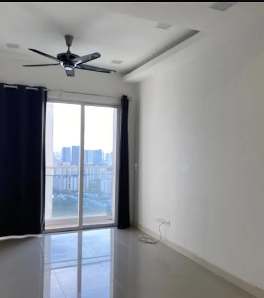 Room features: white painted walls, glossy tile flooring, 5-blade ceiling fan with light, floor-to-ceiling windows, blackout curtains, city view; style: modern; view: city.