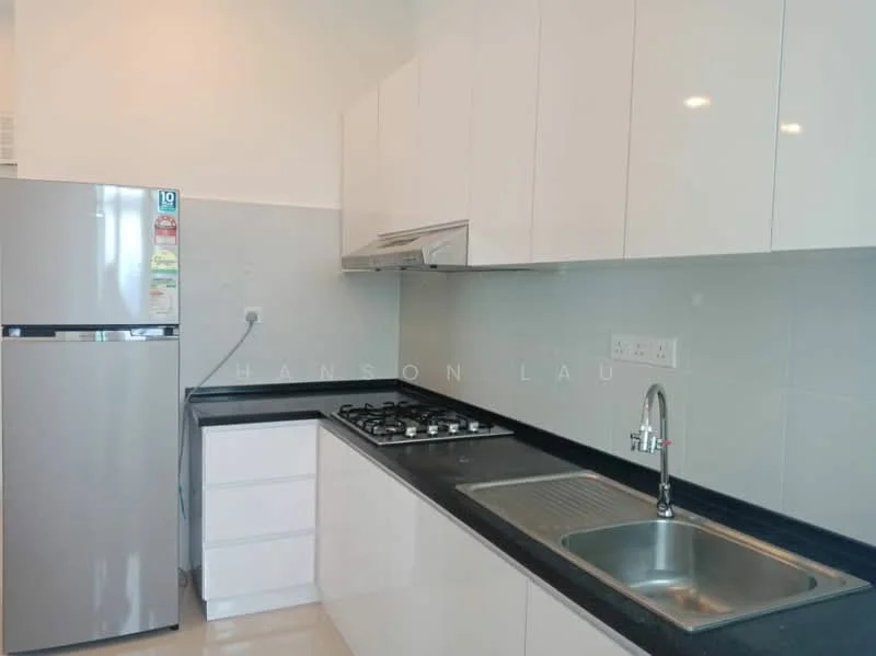 Kitchen features: white high-gloss cabinetry, black granite countertop, stainless-steel single-bowl sink, chrome pull-down faucet, built-in gas hob, stainless-steel range hood, stainless-steel fridge, white tiled backsplash, ceramic tile flooring, wall-mounted electrical outlets, under-cabinet lighting; style: modern.
