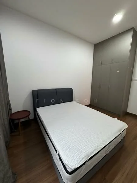 Bedroom features: queen-size bed, upholstered headboard, wooden flooring, built-in wardrobe with grey finish, white painted walls, curtains, side table, light fixture on ceiling; style: modern.