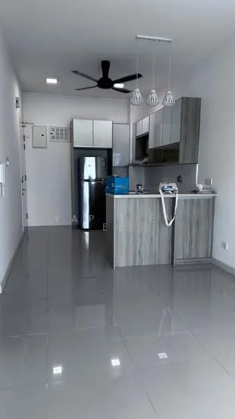 Kitchen features: grey laminate cabinetry, white upper cabinets, stainless-steel fridge, built-in oven, 4-burner gas hob, single-bowl stainless-steel sink, chrome pull-down faucet, pendant lighting, 5-blade ceiling fan, grey tiled backsplash, polished ceramic tile flooring, open layout, countertop with breakfast bar; style: modern.