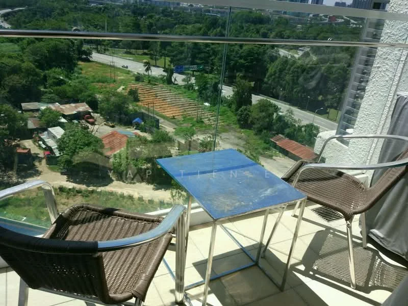 Balcony features: glass railing, outdoor table, two wicker chairs, tile flooring, city view, greenery view; style: modern; view: city.