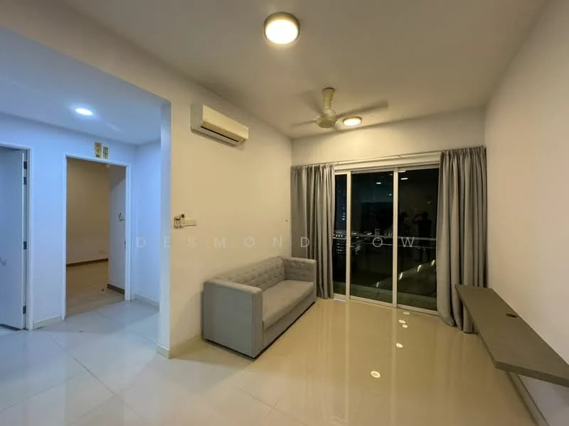 Living features: white painted walls, polished tile flooring, 5-blade ceiling fan with light, floor-to-ceiling sliding glass door, curtains, sofa in light grey, wall-mounted shelf, air conditioning unit; style: modern; view: city. Room features: white painted walls, polished tile flooring.