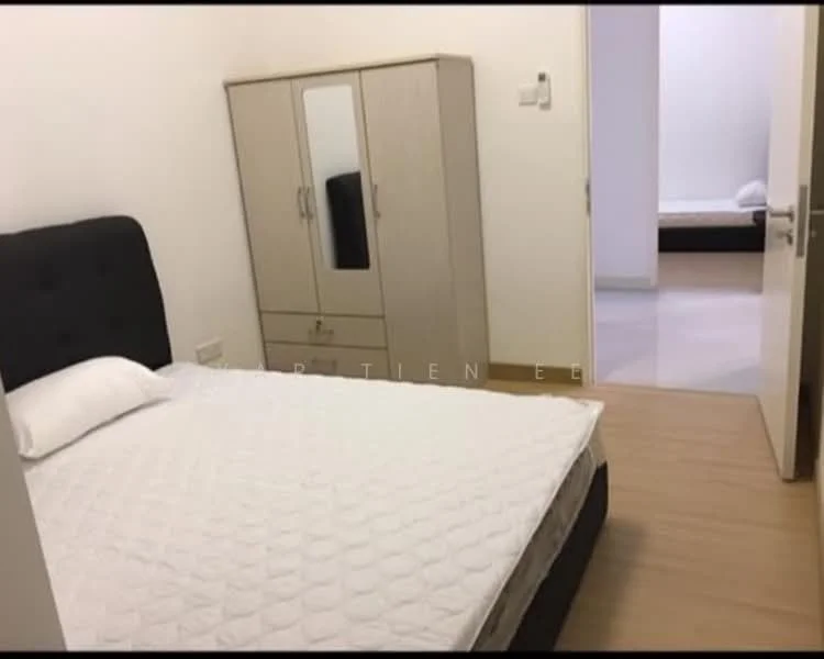 Bedroom features: queen-size bed with upholstered headboard, light-colored bedding, wooden flooring, built-in wardrobe with mirror, white painted walls, door leading to another room; style: minimalist.