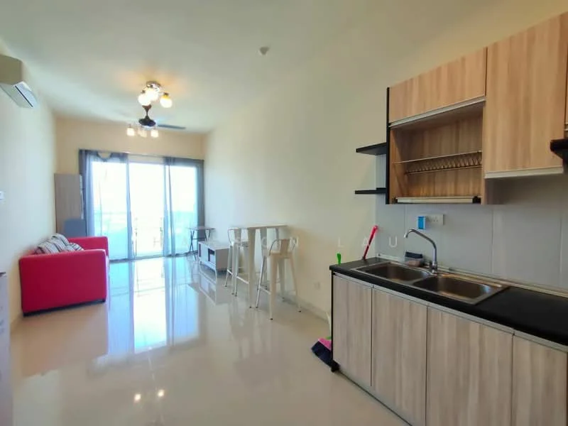 Living features: sofa in red, dining table for two, white chairs, kitchenette with wooden cabinetry, black countertop, single-bowl stainless-steel sink, chrome pull-down faucet, refrigerator, floor-to-ceiling windows, sliding glass door, white painted walls, polished tile flooring, ceiling fan with light, recessed downlights; style: modern; view: city.
