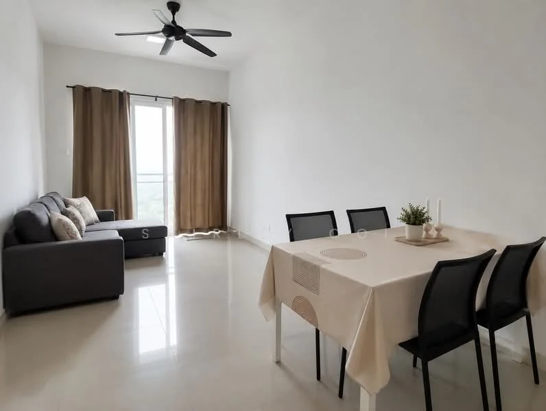 Living features: 5-blade ceiling fan, sofa in grey fabric, dining table with beige tablecloth, 4 black dining chairs, floor-to-ceiling windows, curtains in brown, cream painted walls, glossy tile flooring; style: modern; view: city.