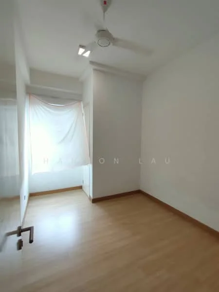 Room features: light wood laminate flooring, white painted walls, ceiling fan, window with sheer curtains, built-in wardrobe, natural light from window; style: modern.