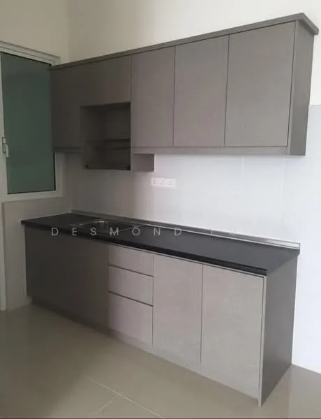 Kitchen features: grey flat-panel cabinets, black countertop, stainless-steel sink, single-bowl stainless-steel sink, wall-mounted cabinets, tile backsplash, ceramic tile flooring, window with sliding glass, under-cabinet lighting; style: modern.