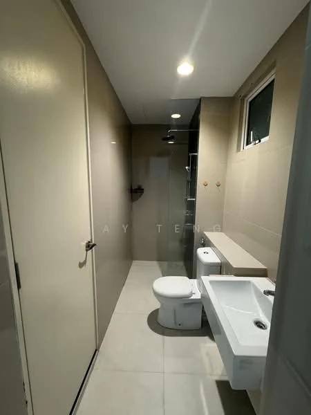 Bathroom features: white ceramic toilet, single-sink vanity with countertop, chrome basin mixer faucet, glass shower enclosure, rain shower head, tile flooring, grey tiled walls, recessed downlights, window for natural light, wall-mounted mirror; style: modern.