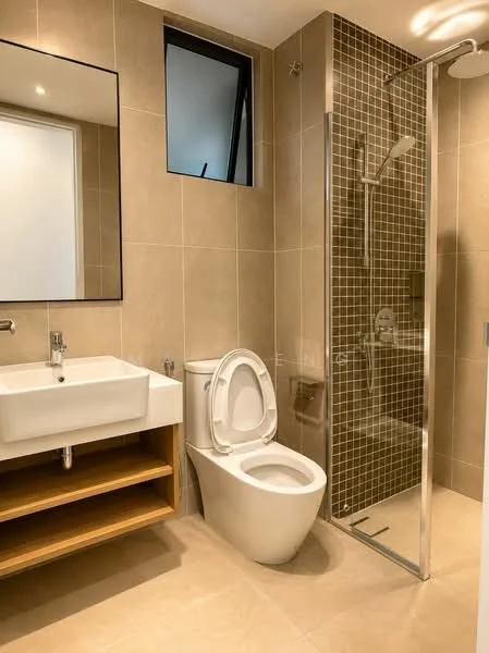 Bathroom features: single-sink vanity with wood cabinet, chrome basin mixer, framed mirror, one-piece toilet, walk-in shower with glass enclosure, rain shower head, tile cladding to half wall, beige ceramic tile flooring, recessed downlights, sliding window; style: modern.