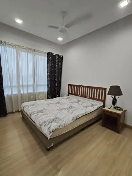 Bedroom features: king-size bed with marble-patterned bedding, wooden headboard, nightstand with lamp, floor-to-ceiling windows, sheer white curtains, blackout curtains, wooden flooring, ceiling fan with light, decorative wall, neutral wall colour; style: modern.