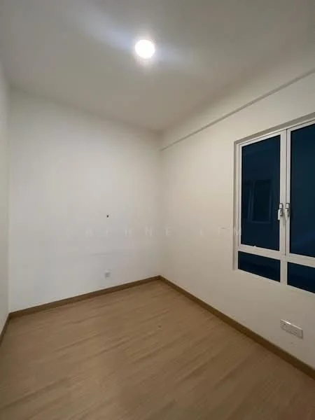 Room features: white painted walls, laminate flooring, single window, ceiling light fixture.