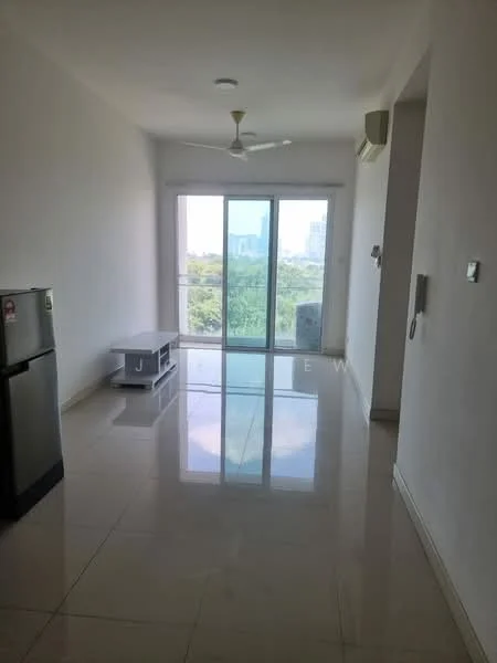 Living features: white painted walls, polished ceramic tile flooring, 5-blade ceiling fan, floor-to-ceiling windows, sliding glass door, view of greenery, refrigerator, TV console; style: modern; view: garden.