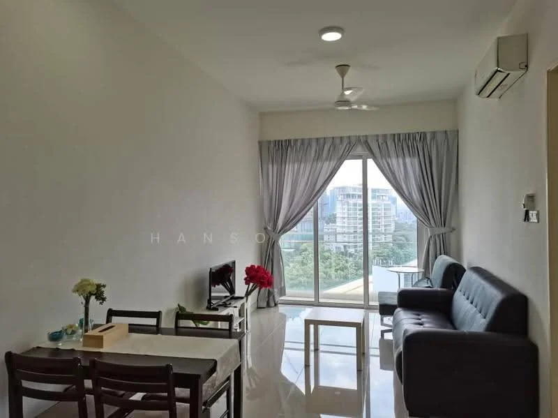Living features: grey leather sofa, coffee table, TV console, wall-mounted TV, floor-to-ceiling windows, sheer curtains, 5-blade ceiling fan with light, recessed downlights, white painted walls, polished tile flooring, air conditioning unit; style: modern; view: city.