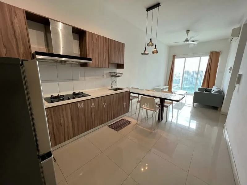 Kitchen features: L-shaped kitchen layout, white tiled backsplash, wood cabinetry with grain finish, stainless-steel gas hob, stainless-steel range hood, single-bowl stainless-steel sink, chrome pull-down faucet, white countertop, recessed downlights, floor-to-ceiling windows, marble tile flooring; style: modern; view: city. Dining features: wood dining table, 4 dining chairs, pendant lighting above table; style: modern; view: city. Living features: 2-seater fabric sofa in grey, floor-to-ceiling windows, curtains, ceiling fan; style: modern; view: city.